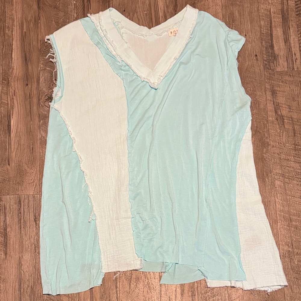 POL Light Blue and White Patchwork Tank Top - Size M